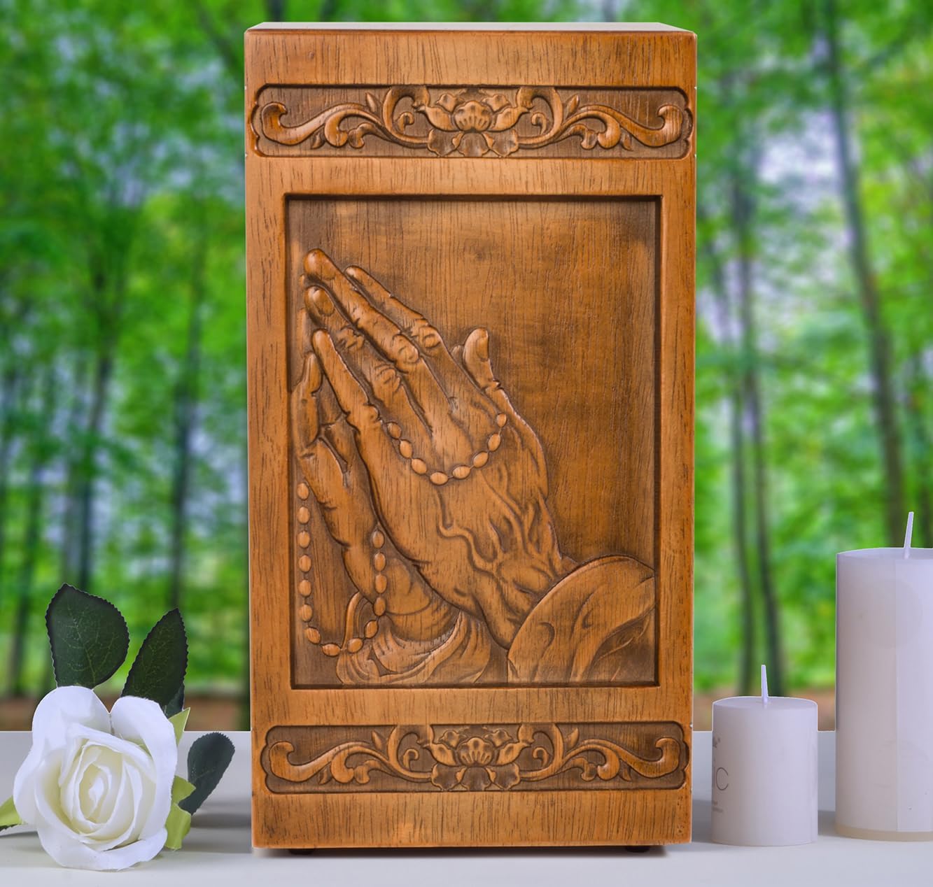 Wooden urn Human Ashes Cremation Adult Box Funeral Burial Male Casket Decorative Memorial funerary Men Large 250LBS Praying Hand