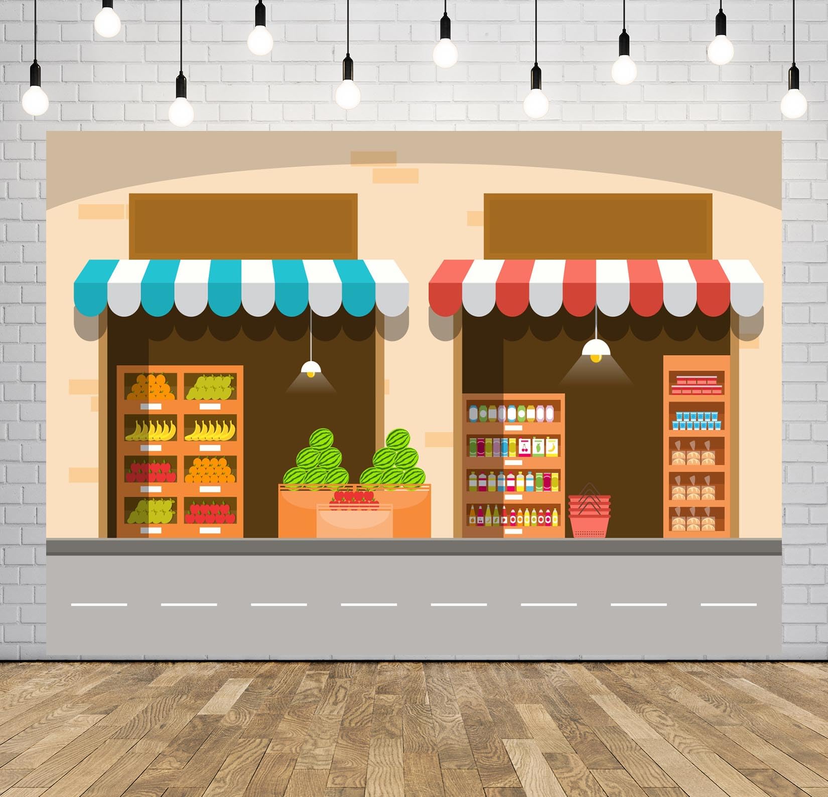 BELECO 3x2.5m Fondo Tienda Frutas Verduras Dibujo Animado, Tienda Comida Callejera, Decoración Fiesta Tema Alimenticio Estudio Foto
