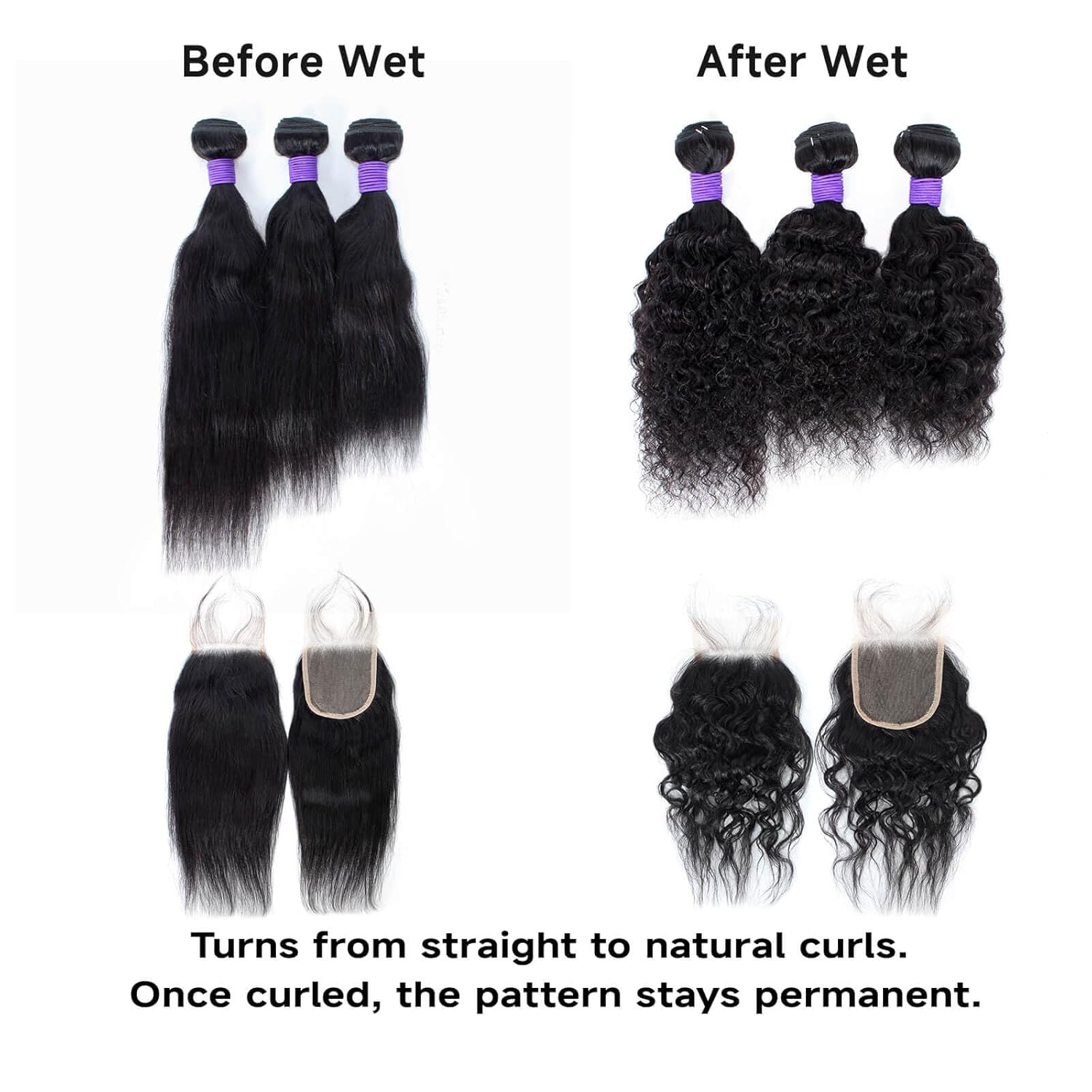 MOONBAY Wet and Wavy Bundles Human Hair with Closure (12 14 16 + 12), Water Wave Human Hair Bundles with Closure, 9A 100% Unprocessed Virgin Brazilian Hair, 3 Bundles (60 g/pc) with 4×4 Closure
