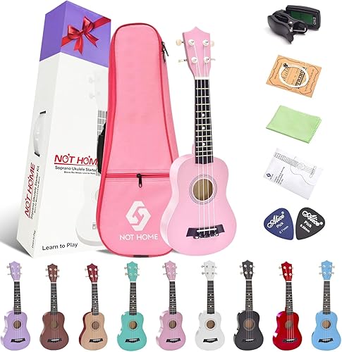 Miniatura 93 de Ukelele soprano para principiantes, juego de iniciación de ukeleles de madera de tilo de 21 pulgadas con bolsa de gig sintonizador digital, cuerdas