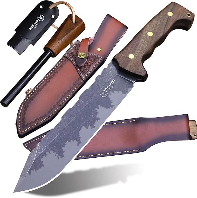 BA-KOR DC53 Steel 38CM (15.2IN) Full Tang 6mm Thick Fixed Knife+Sheath&(5.9IN) Cerium Igniter, Suitable for Outdoor Hunting, Camping, Survival Exploration, EDC