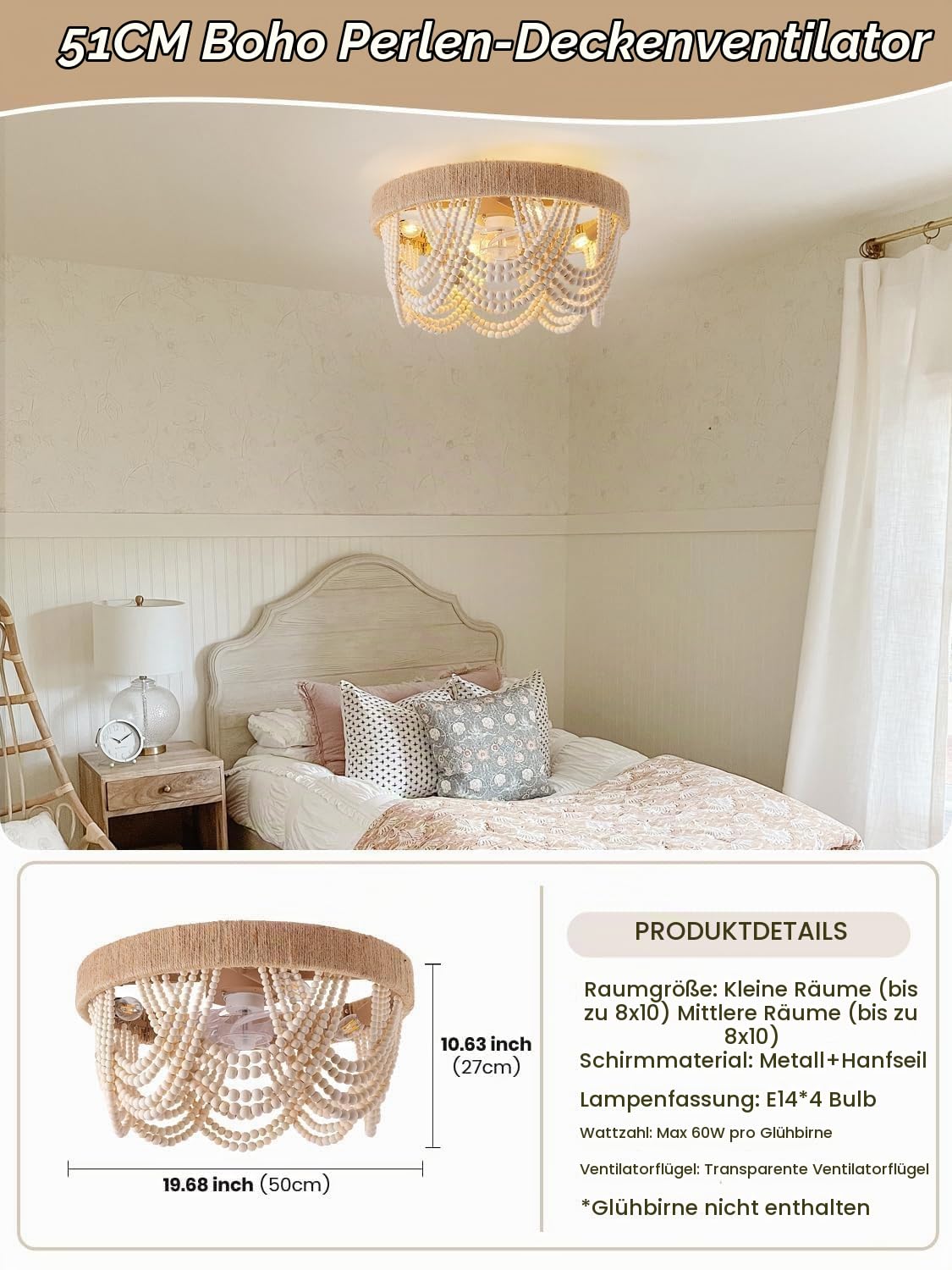 Boho Deckenventilator mit Licht bündige Montage Küstenperlen Fandelier Deckenventilatoren mit Lichtern und Fernbedienung geschlossener Käfig mit 6 Geschwindigkeiten Schlafzimmer Kinderzimmer