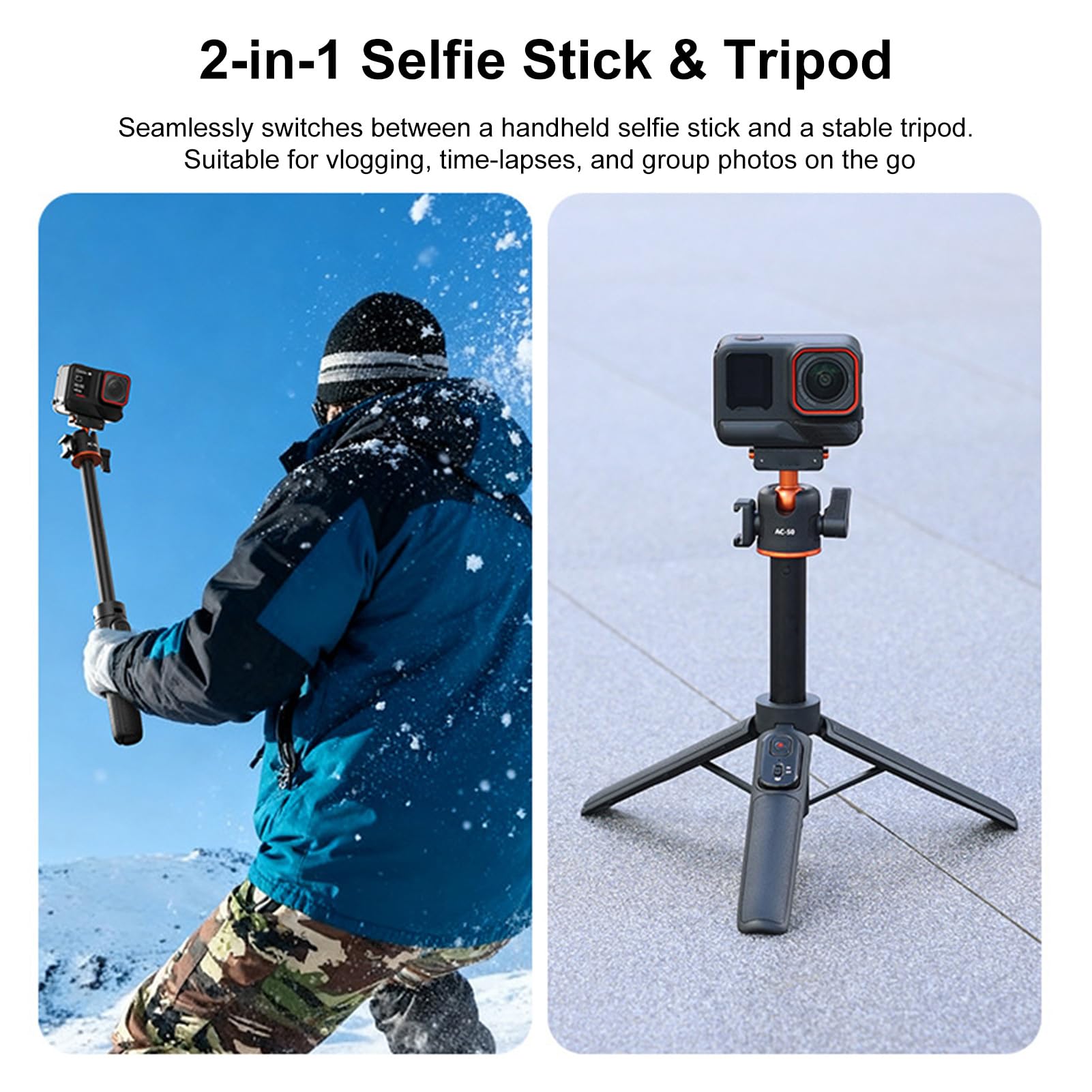 Treppiede Magnetico a Sgancio Rapido, Selfie Stick per X5/Ace Pro 2 con Telecomando BT, Testa a Sfera 360°, Supporto per Slitta Fredda, Estensibile 21-55 Cm Vlogging,
