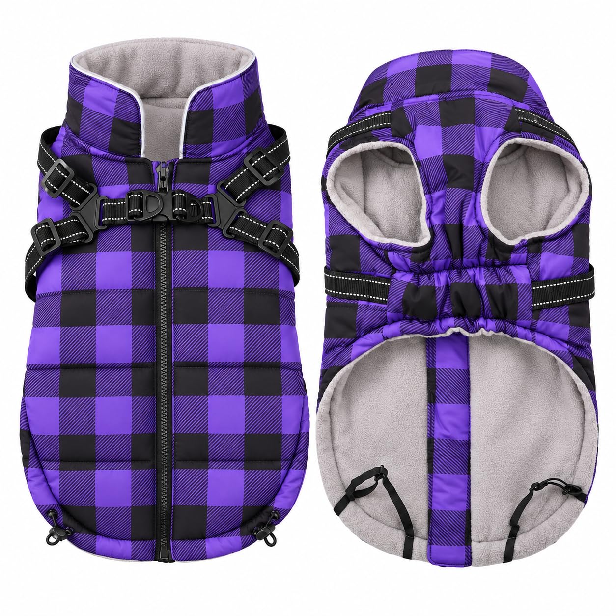 babepet Waterproof Dog Coat with Harness, Warm Pet Dog Coats and Jackets, Reflective Pet Dog Harness Vest Winter Puppy Clothes with Chest Strap, ideal for Outdoor Walking-Purple Plaid-XS