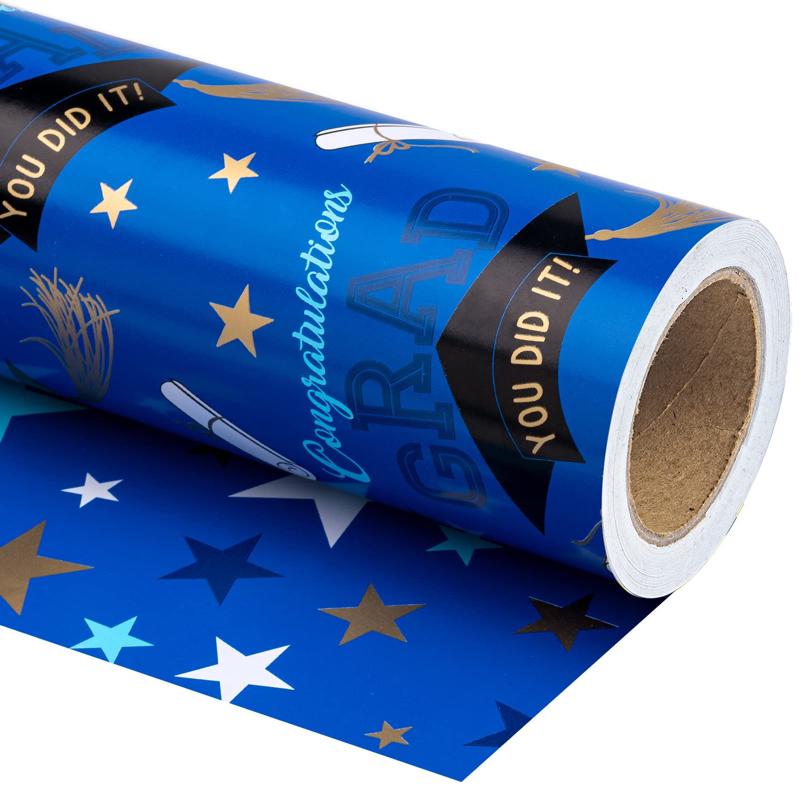WRAPAHOLICReversible Graduation Wrapping Paper - Mini Roll - 17 Inch X 33 Feet - Trencher Cap and Stars for Party, Celebration