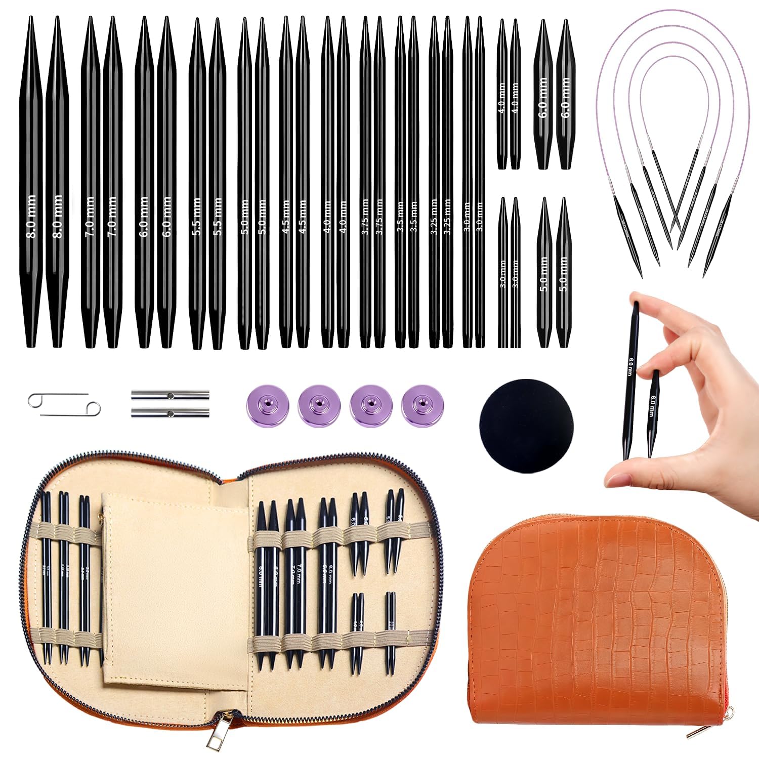 Yarniss 15 Pairs Circular Knitting Needle Set, Long Needles 3.0~8.0mm & Short Needles 3.0~6.0mm, Interchangeable Aluminum Knitting Needles with Case Black
