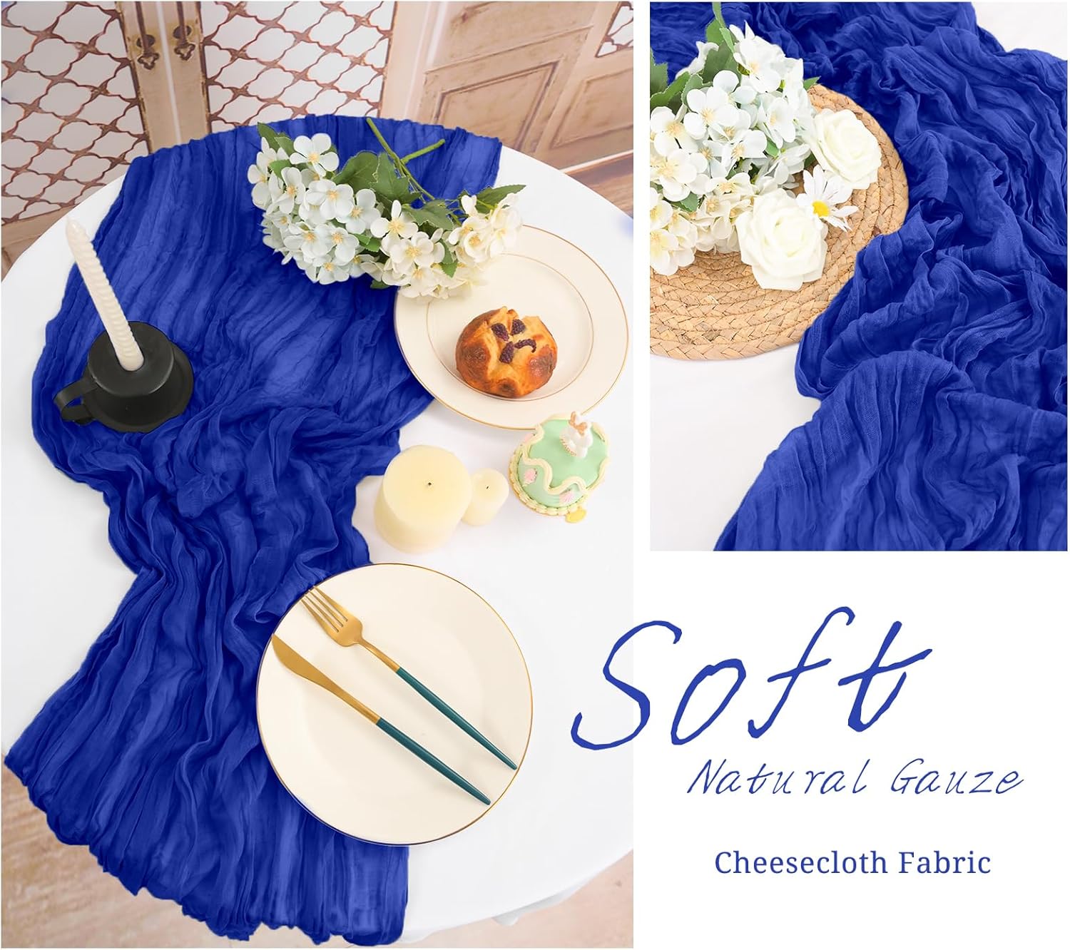 10 Pack Cheesecloth Table Runner Royal Blue,10 ft Gauze Table Runner Long Semi-Sheer Rustic Boho Table Runners for Wedding,Bridal Shower,Party,Banquet Decoration(21.5 x 120 Inch)