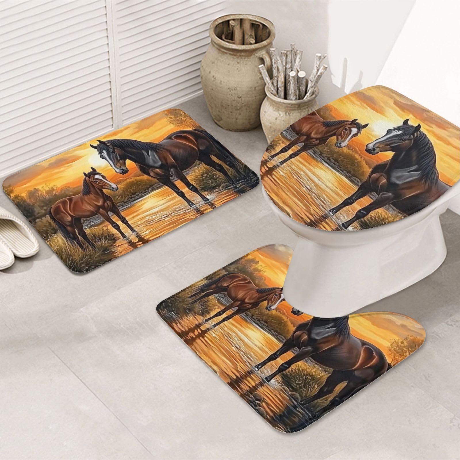 Alfombras de baño de 3 piezas de caballos alfombrilla con contorno y funda de inodoro lavable