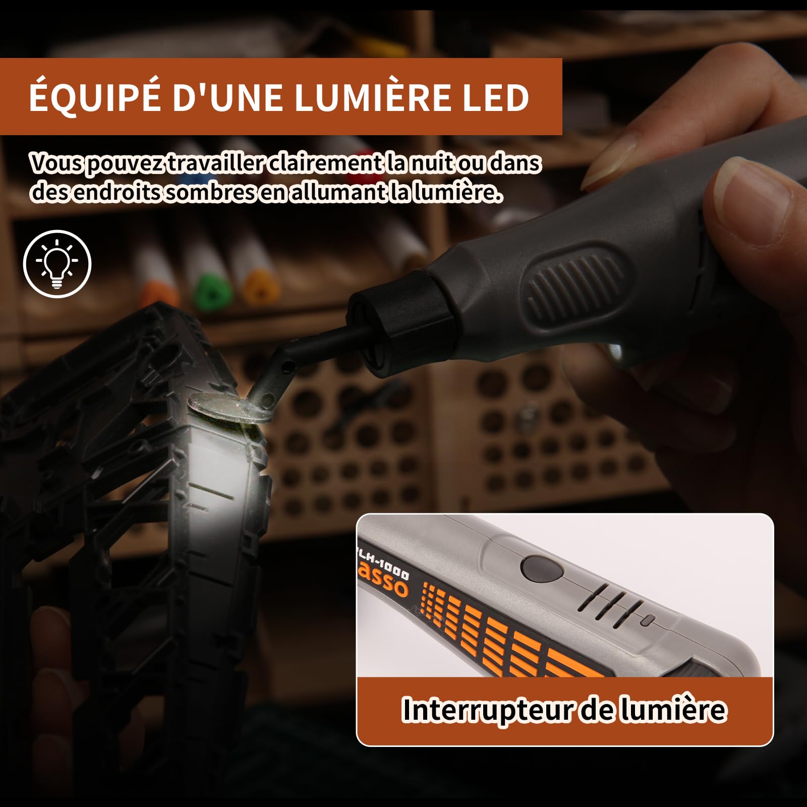 Stylo ponceur sans fil, vitesse variable et chargement USB avec lumière LED, outil électrique polyvalent pour le ponçage, le polissage, la finition, le bricolage (GRIS)