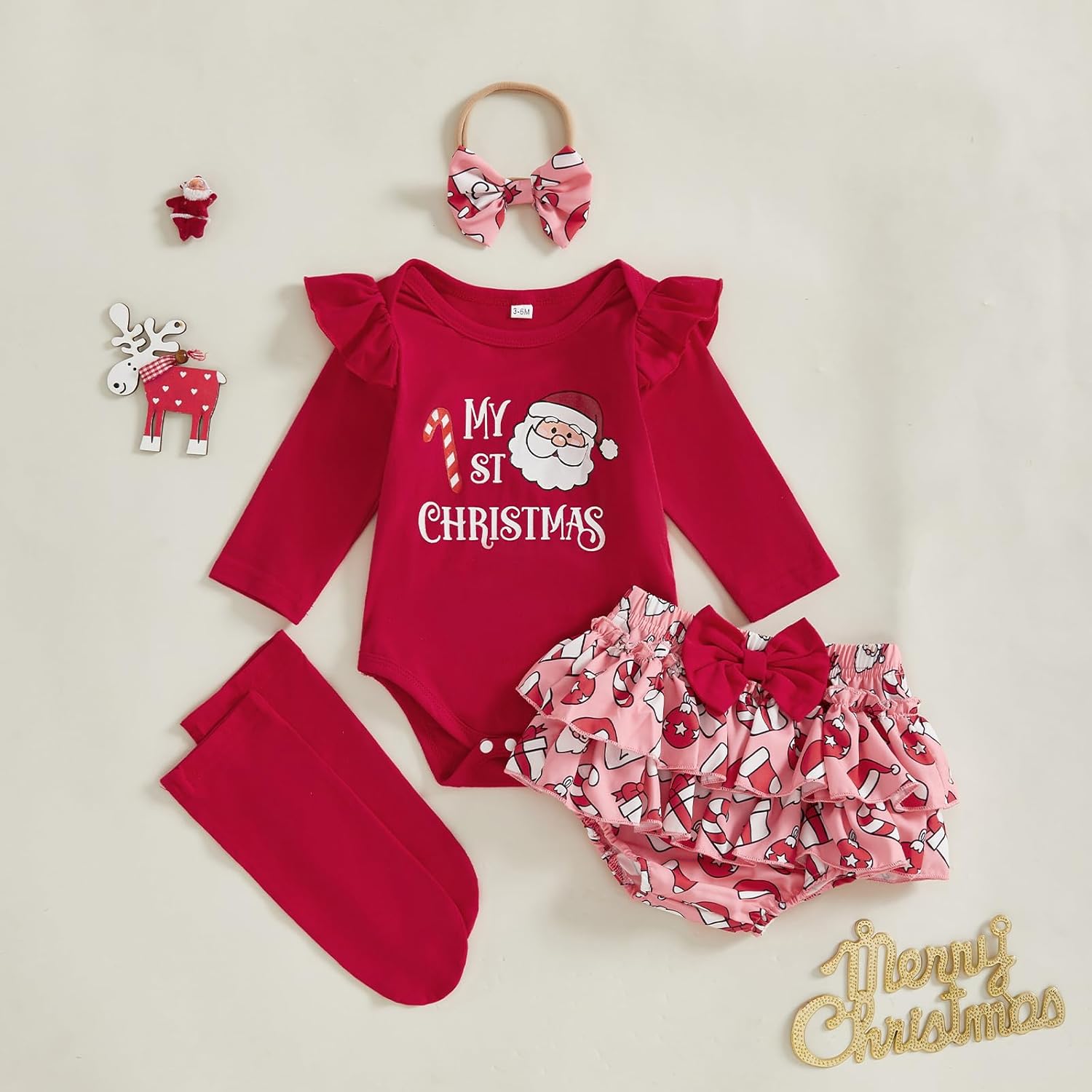 My First Christmas Baby Girl Outfit Santa Claus/Gingerbread Print Romper+Tutu Skirt+Socks+Headband Xmas Clothes Set - Image 6
