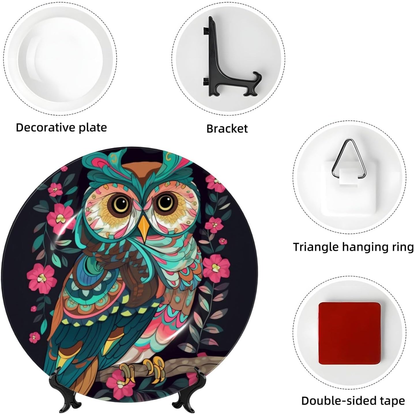 Bone China Decorative Plate with Display Stand Ceramic Decorative Plate Anime Owl Wall Hanging Ornament Porcelain Dinner Plates Art Crafts Ceramic Ornaments Wall Decor 7in image 4