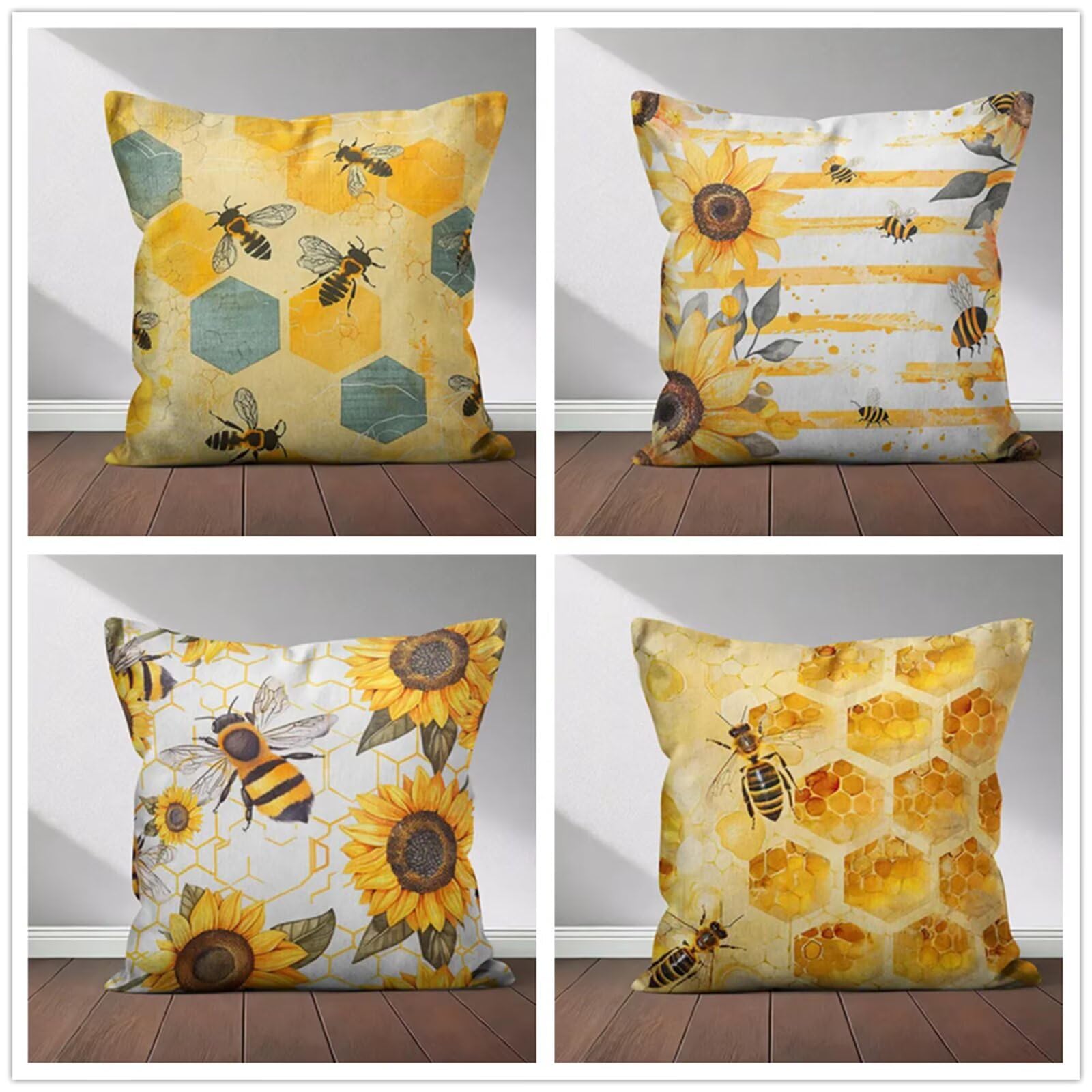 Heaen Outdoor Cushions Covers Waterproof 55x55 cm Set of 4 Square Linen Pillow Cases Bees Sunflowers Decorative Dushions for Sofa Porch Patio Home Decor