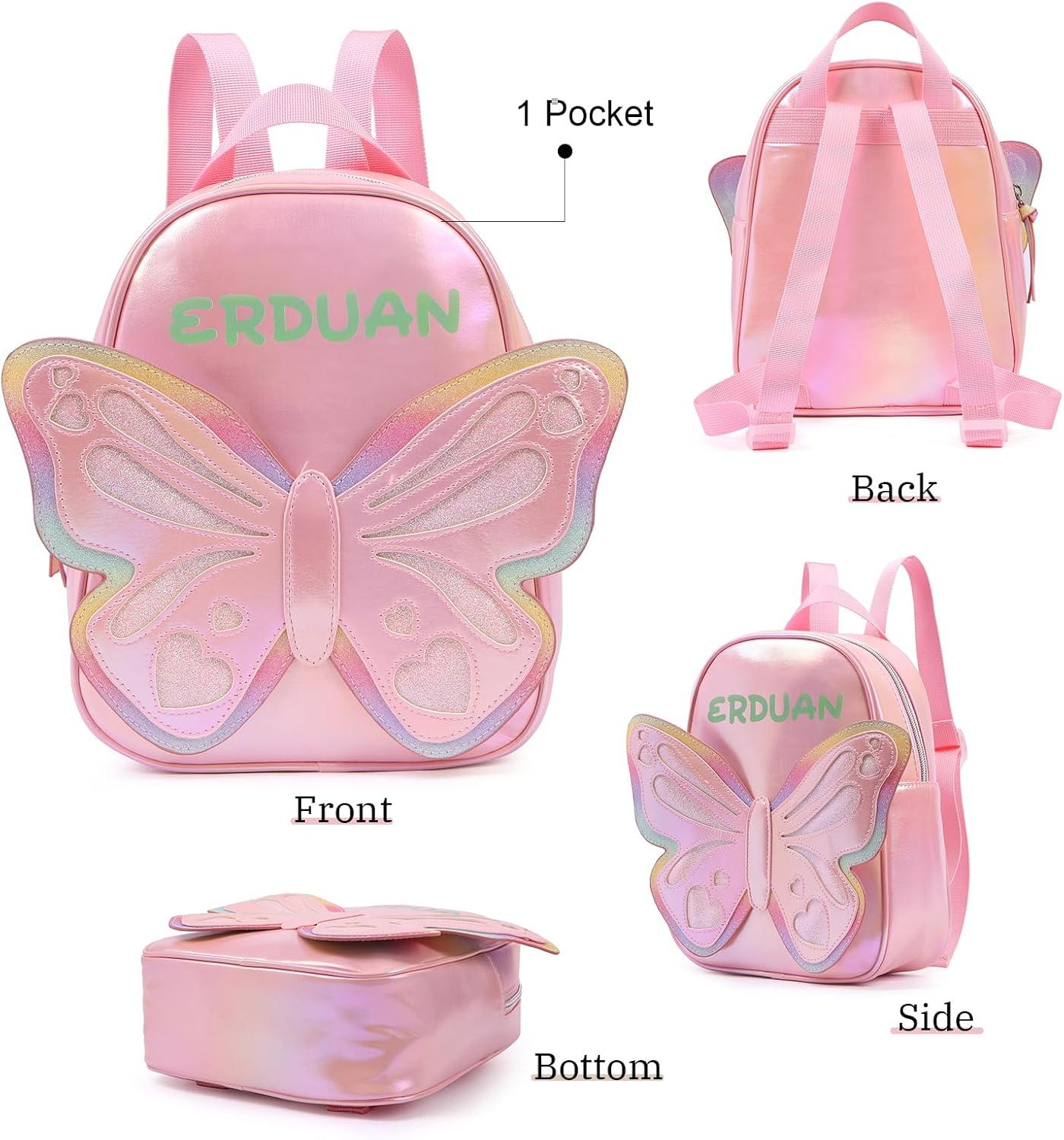 Personalized Mermaid Backpack for Kid Girls, Mini School Bag with Embroidered Name, Pink Purple Green, 12-inch, Ages 3-10 (Butterfly, Pink)