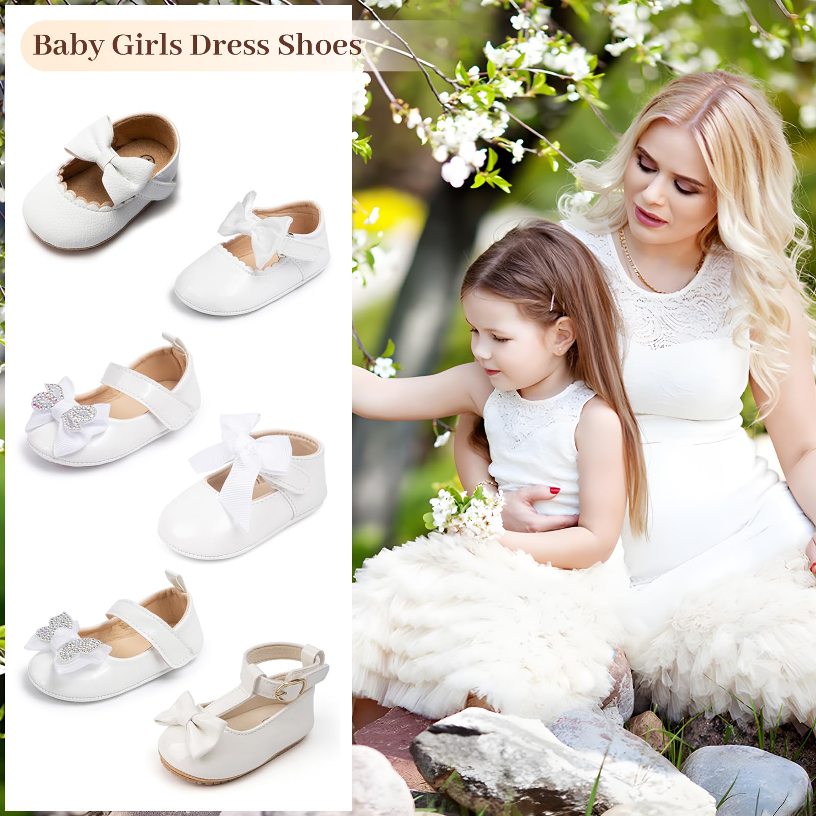 Oamico Infant Baby Girls Mary Jane Flats Non Slip Rubber Sole with Bownot Toddler First Walkers Princess Wedding Dress Shoes