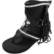 Casual Tassel Sandals for Women, Retro Bohemian Gladiator Fringe Sandals Summer Flat Clip-Toe Flip-Flops Beach Sandals Shoes Outdoors T-Strap Roman Open-Toe Sandals