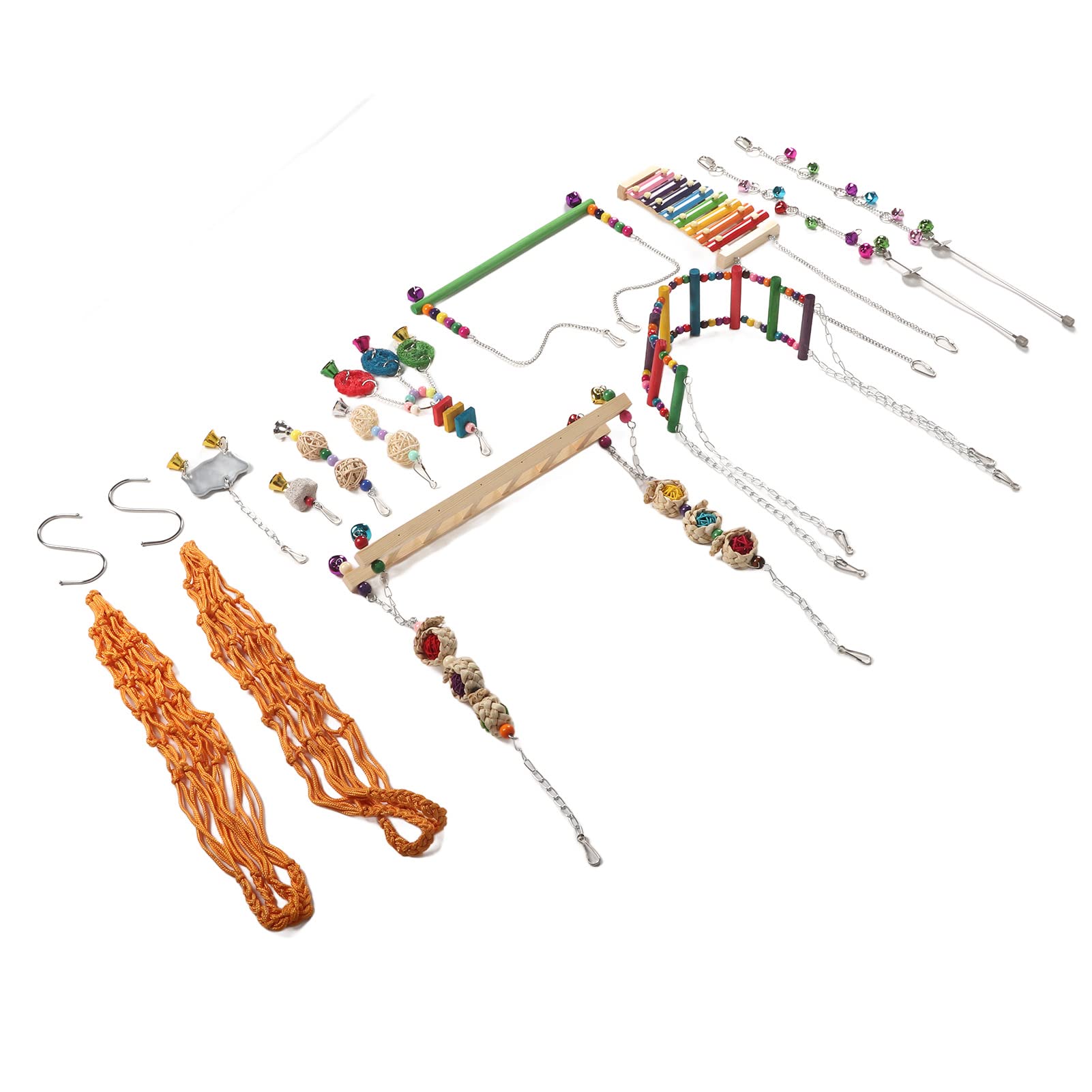 12-teiliges Hühnerstall-Spielzeug, bunte Leier, Schaukel, Hängebrücke, Leiter, Obstgabeln, Spiegel, Rattan-Kugelschnur-Set