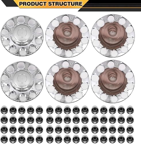 Miniatura 6 de Cubierta de cubo Kit de rueda de semircamión Cubierta de eje Cromo 1.299 in Lug Delantero y Trasero Compatible con semi-camiones con ruedas