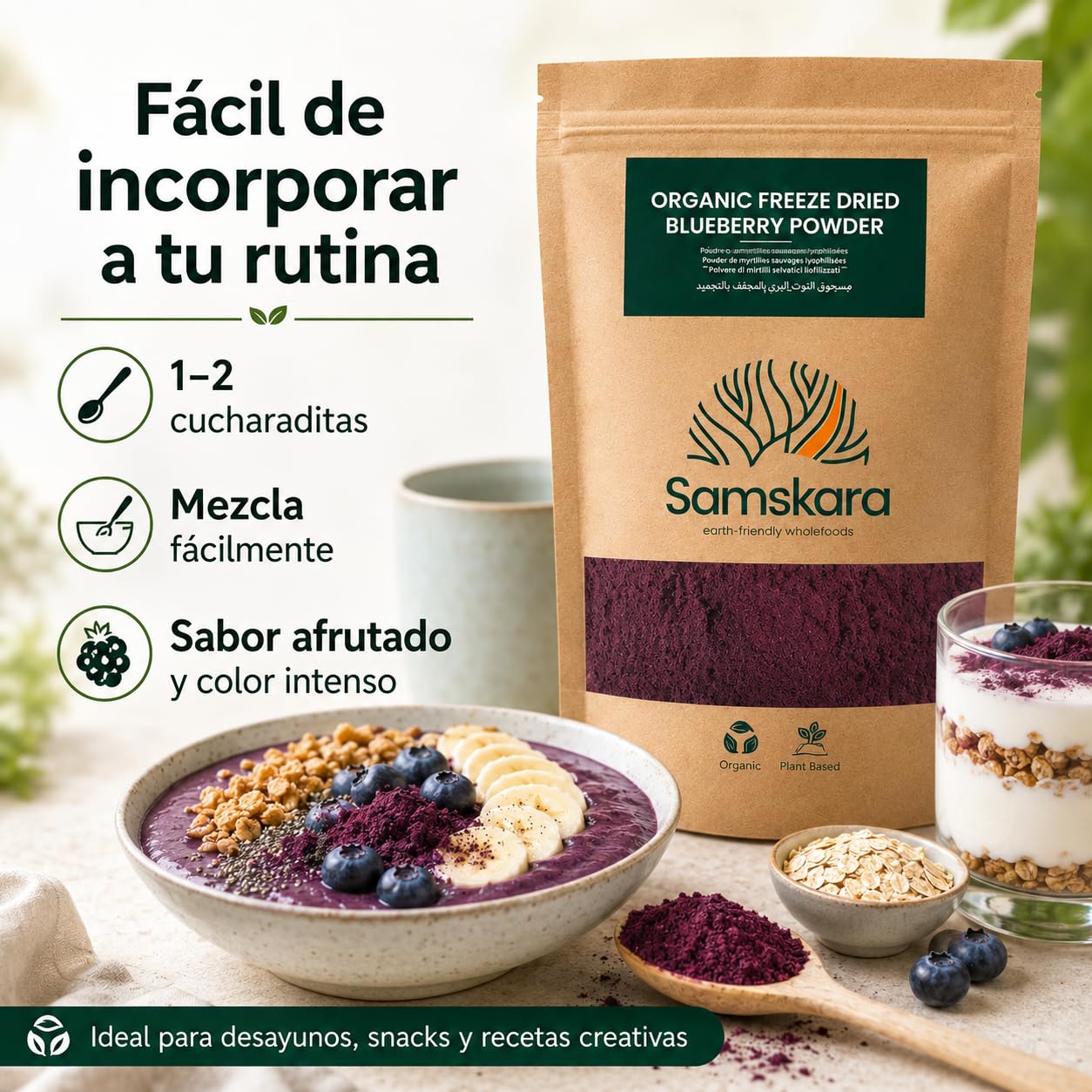 Arándanos salvajes nórdicos en polvo BIO | Samskara Tribe | bayas liofilizadas, sin OGM y sin endulzar, ricas en antioxidantes | para usar en batidos y repostería (150 g)