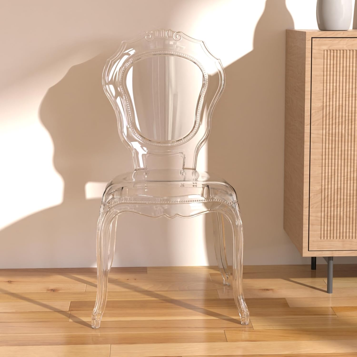 Fohfurniture Set of 4 Clear Ghost Dining Chairs with Transparent Seat, Belle Style Lounge Acrylic Chairs for Events, Weddings, Banquets, Living Room, Event Chairs (Clear, Crown-Back)