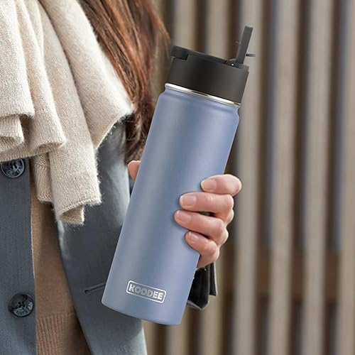 Miniatura 5 de koodee Paquete de 2 botellas de agua de 22 onzas de acero inoxidable de doble pared aislada al vacío con pajilla, reutilizable, sin BPA (rojo cañón