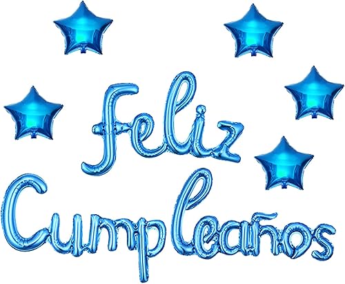 Miniatura 12 de Cartel de globos de Feliz Cumpleanos con 5 globos de estrella, telón de fondo temático de fiesta para niños y adultos, dorado