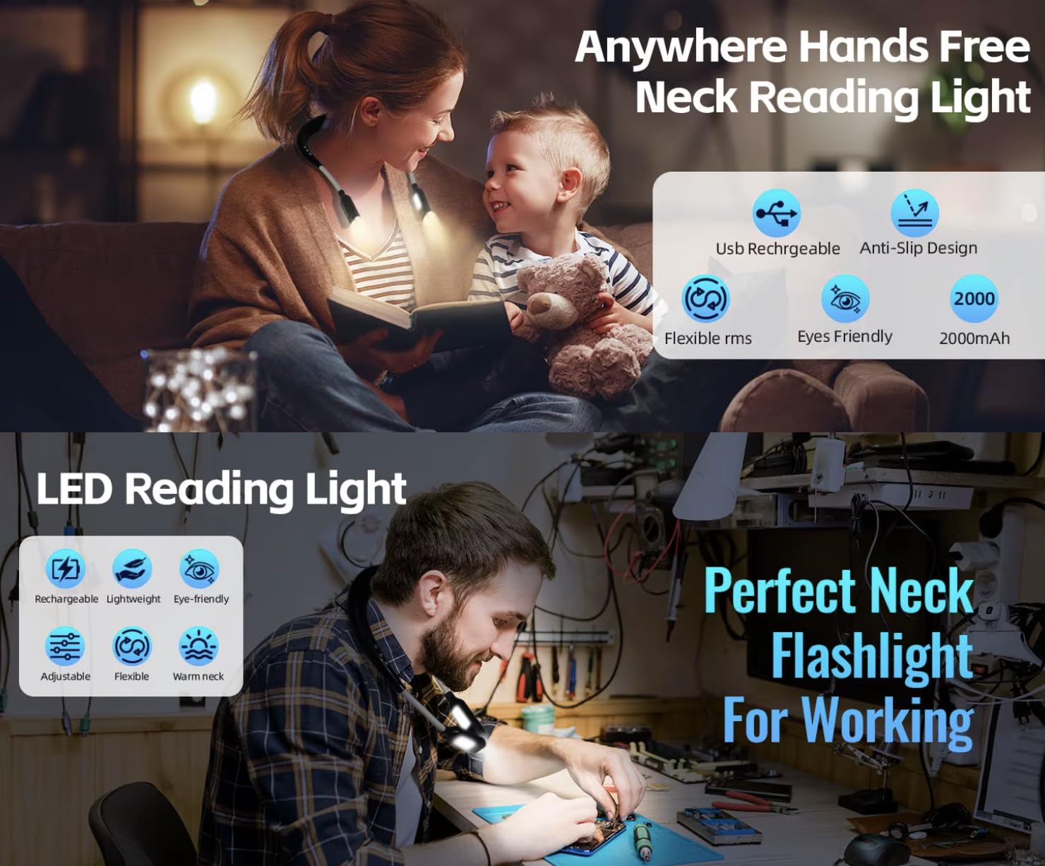 Lámpara de cuello LED recargable USB-C 2000mAh - Calefacción, 4 modos luminosos, 5 intensidades ajustables, rotación 360°, luz suave antifatiga para lectura, tejer, bricolaje y viaje
