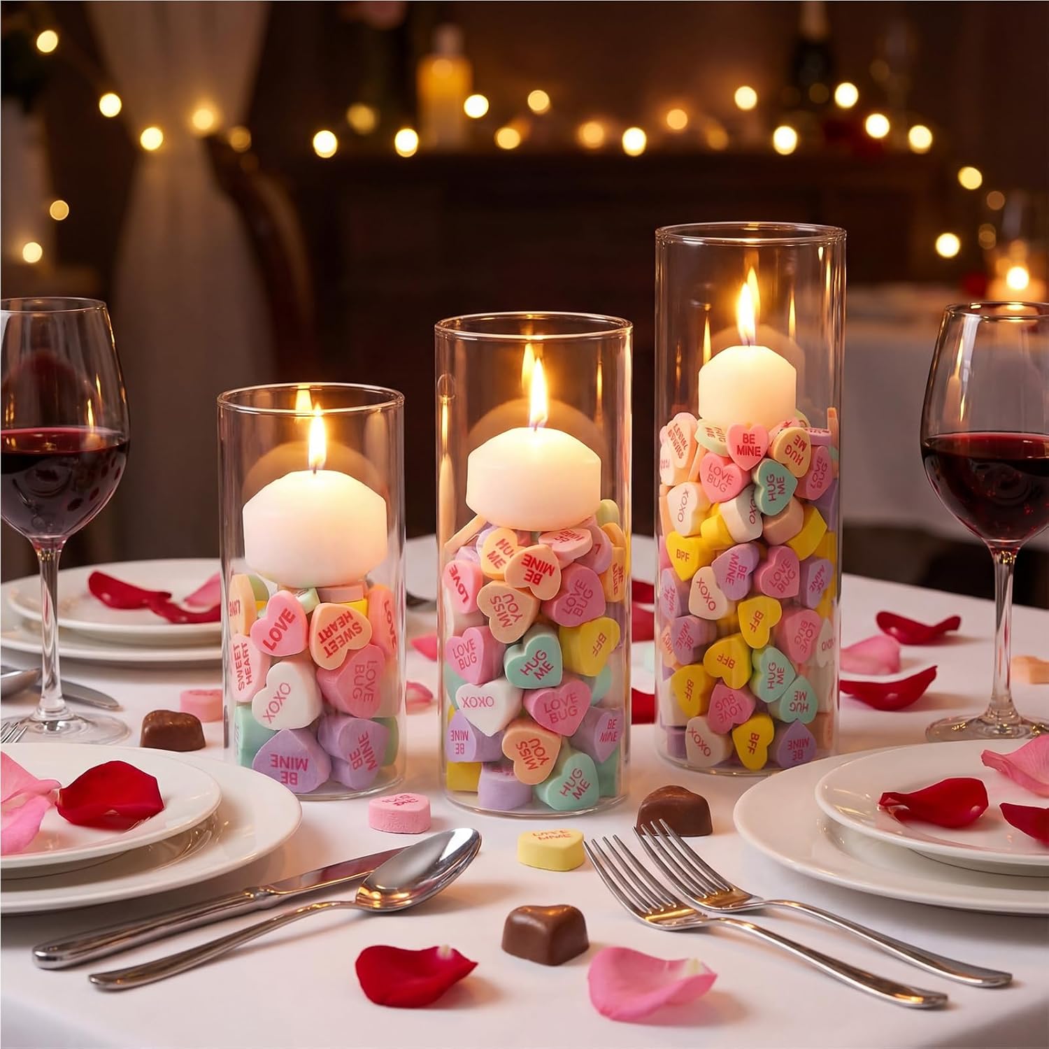 266 Pcs Valentines Table Centerpieces Set 3 Glass Candle Holders 260 Conversation Heart 3 Floating Candles, Valentine's Day Tea Lights Votive Candle Holder Heart Filler for Party Home Decor