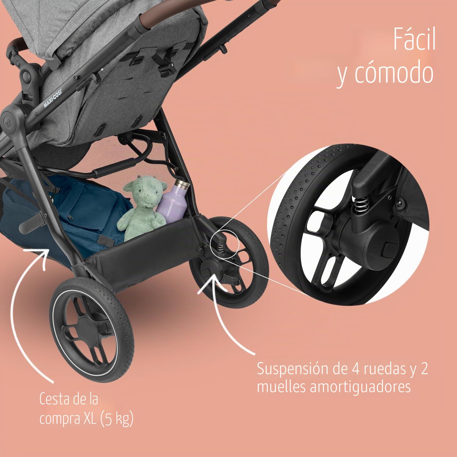 Maxi-Cosi Zelia S Trio - Cochecito de bebé 3 en 1, 0-4 años, hasta 22 kg, plegable, compacto y reclinable, con asiento de coche CabrioFix S i-Size, accesorios, bolsa de guardería, gris