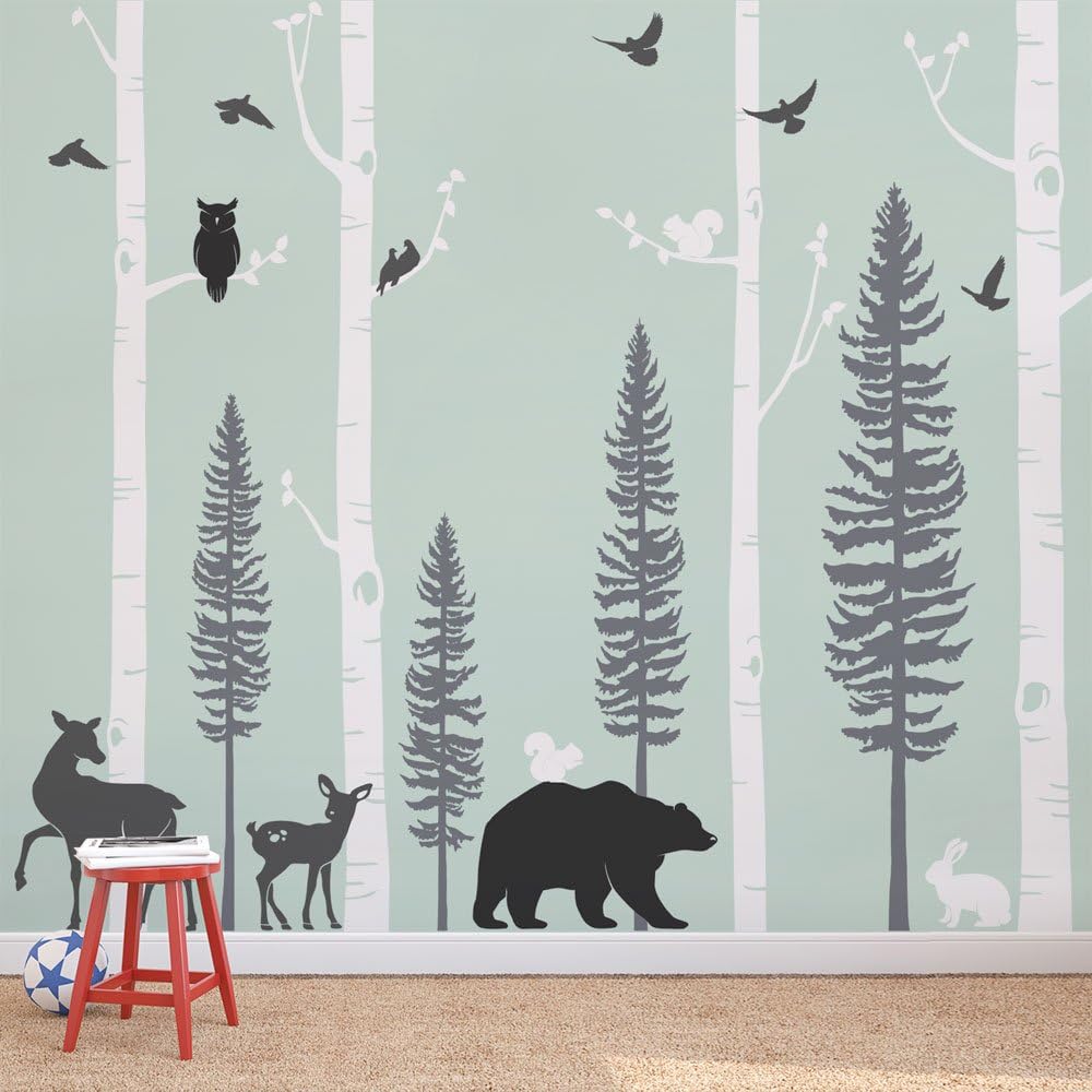 Birch Trees with Animals Wall Decal - Scheme C - 120" (305 cm) Tall Trees - by Simple Shapes