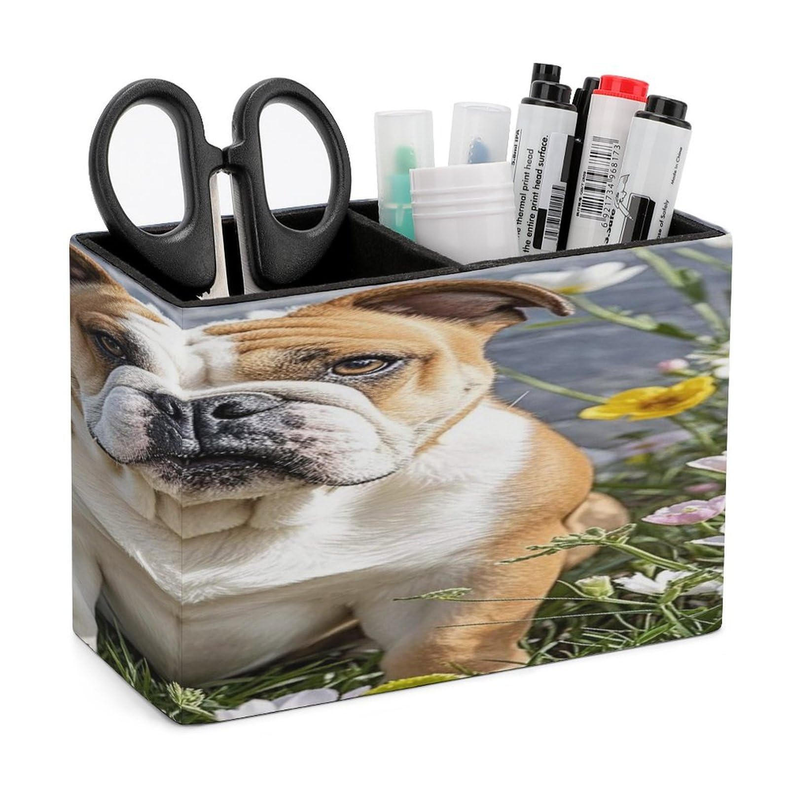 LZQPOEAS Funny Bulldog Leather Pen Holder with 2 Compartments Luxury Pencil Holder Minimalist Pencil Cup Brush Scissor Holders Elegant Pen Cup for Office Home Desk Accessories