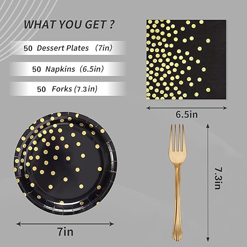Miniatura 2 de Black Gold Paper Plates and Napkins Party Supplies-150PCS-50 x 7''Dessert Plates & 50 x 6.5''Napkins & 50 x 7.3''Forks,Disposable Paper Tableware