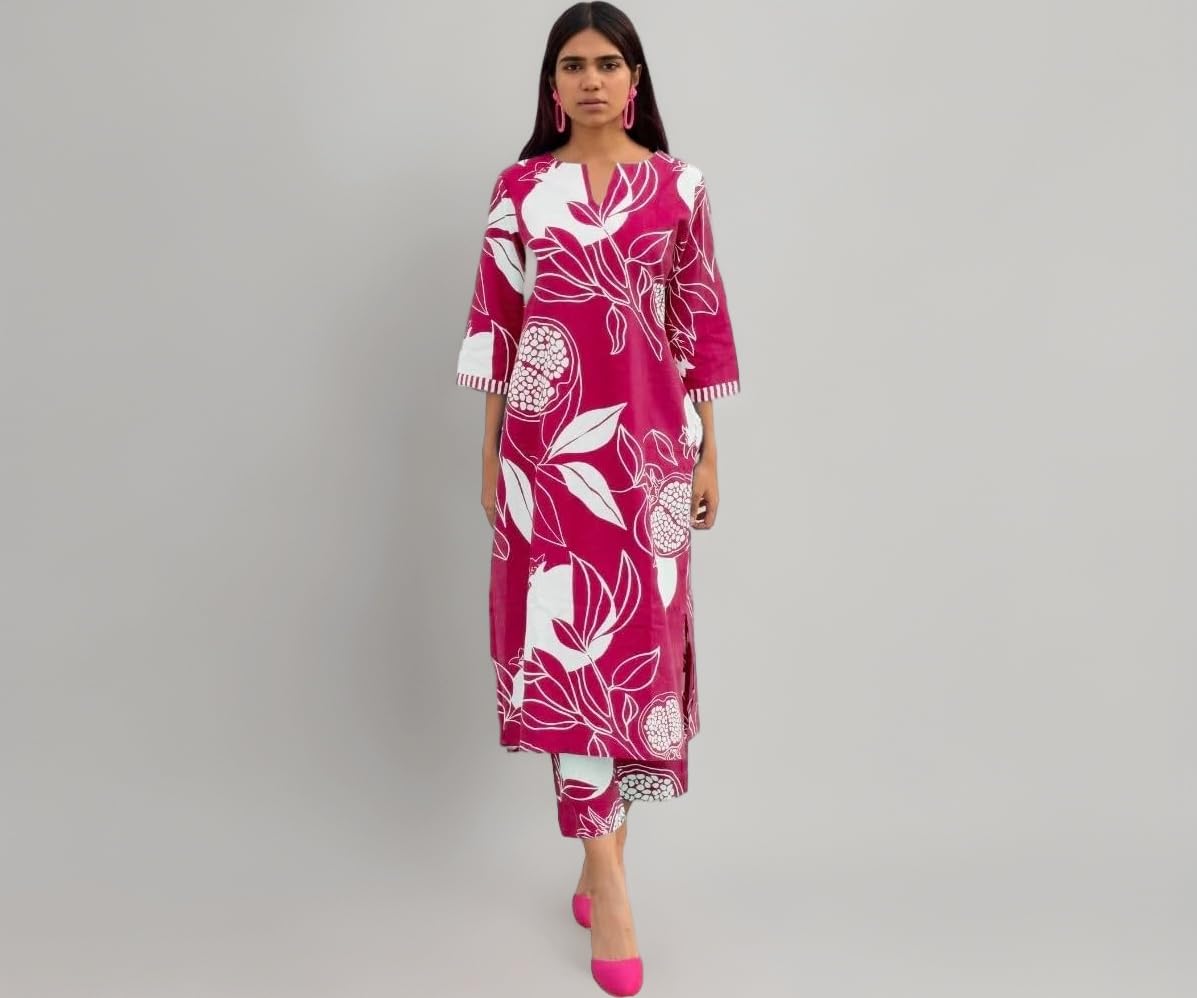 GoSriKi Women's Cotton Blend Straight Printed Kurta with Pant