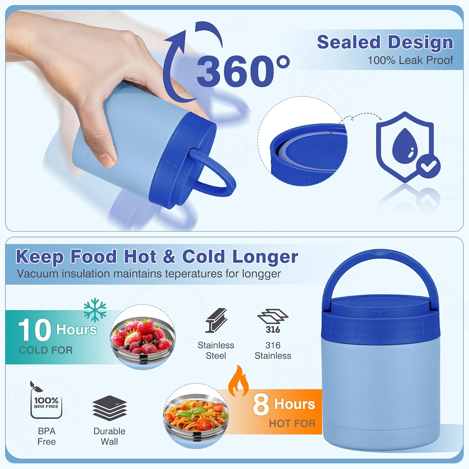 Bento Lunch Box Set with 10.5oz Soup Thermo Food Jar for Adults Kids, Stainless Steel Leak-proof Lunch Container with 4 Compartment, Coffee Tumbler with Lunch Bag for School Travel Office-Blue image 5