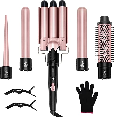 TUIREL Juego de rizador 5 en 1 con cepillo térmico rizador y 4 rizadores de cerámica intercambiables (0.35-1.5 pulgadas), varita rizadora de pelo de