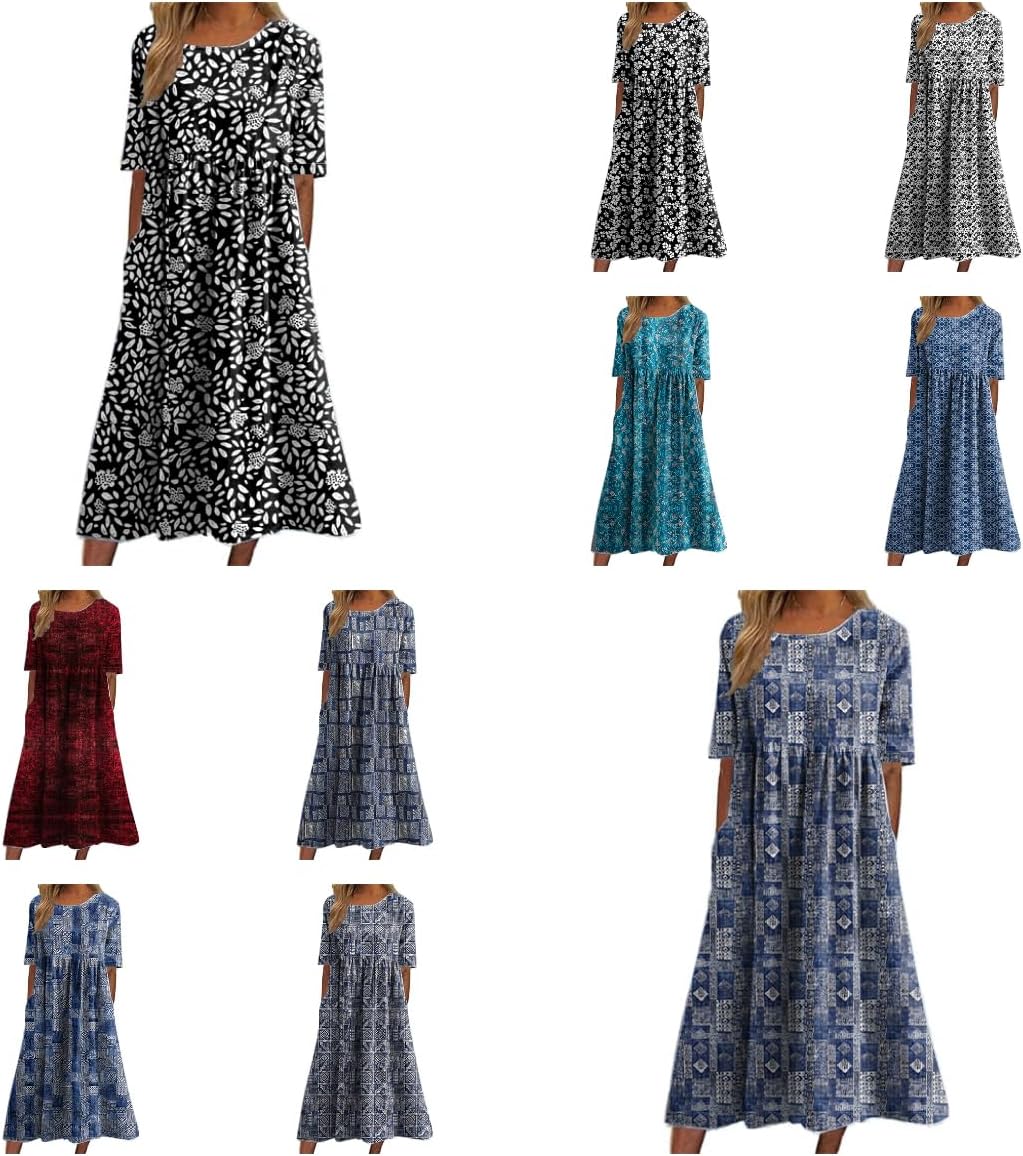 Casual Long Dress for Women Trendy Short Sleeve Boho Floral Print Summer Dresses with Pockets