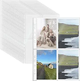Mogoostry Protetores de lençol A4 transparentes, 4 bolsos, 20 folhas, 11 furos, capa para álbum de fotos, coleção de cartões de fotos, protetor de página