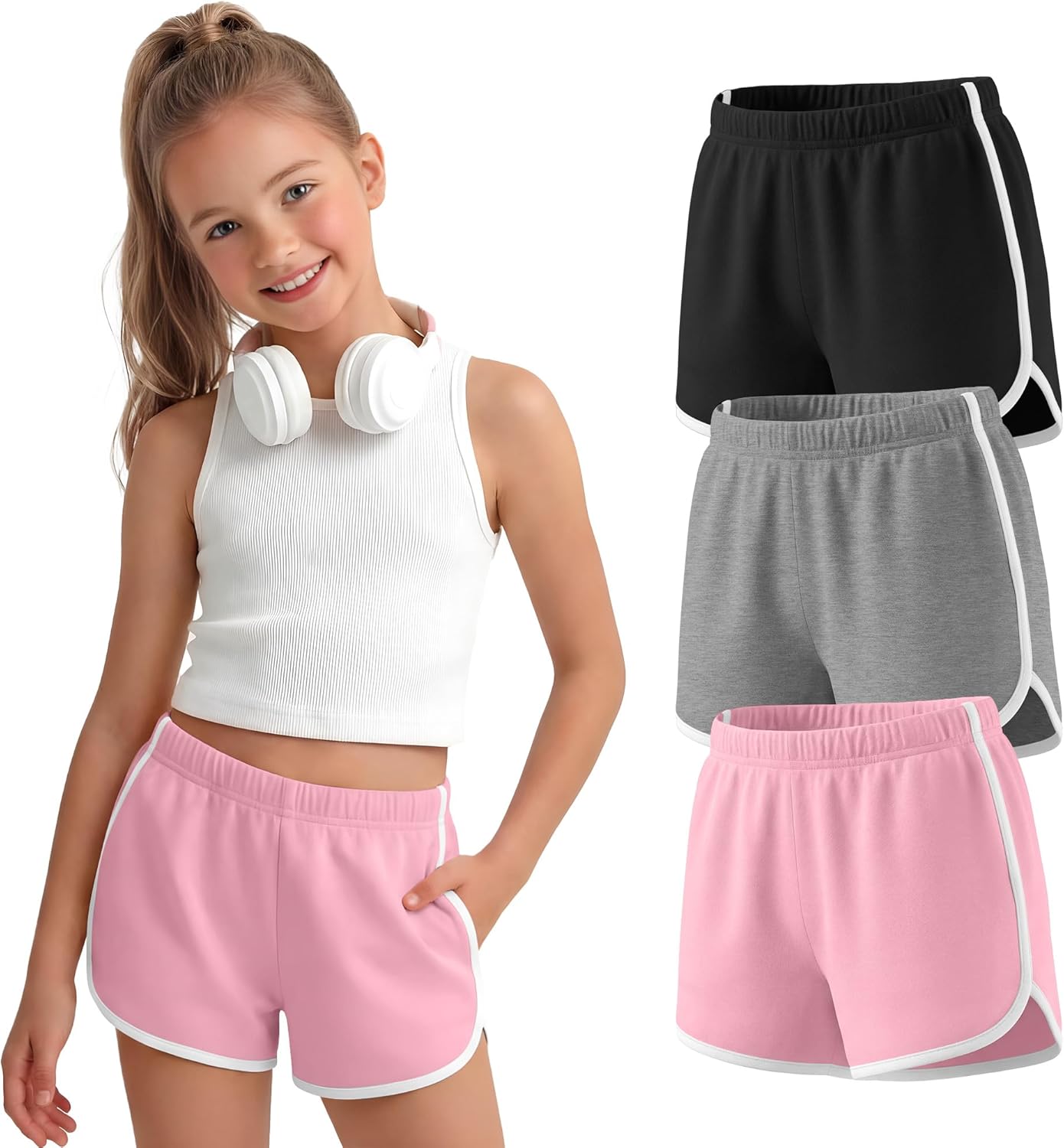 3 Pack Girls Athletic Shorts Soccer Running Dolphin Shorts Kids Gym Workout Active Summer Knit Short with Pockets