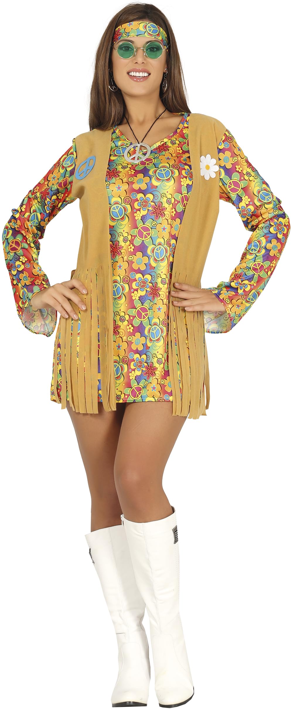 FIESTAS GUIRCA Hippie Encantadora Disfraz para Mujer - Años 70 Conjunto de Vestido Corto - Años 60 Flower Power Disfraz para Mujer