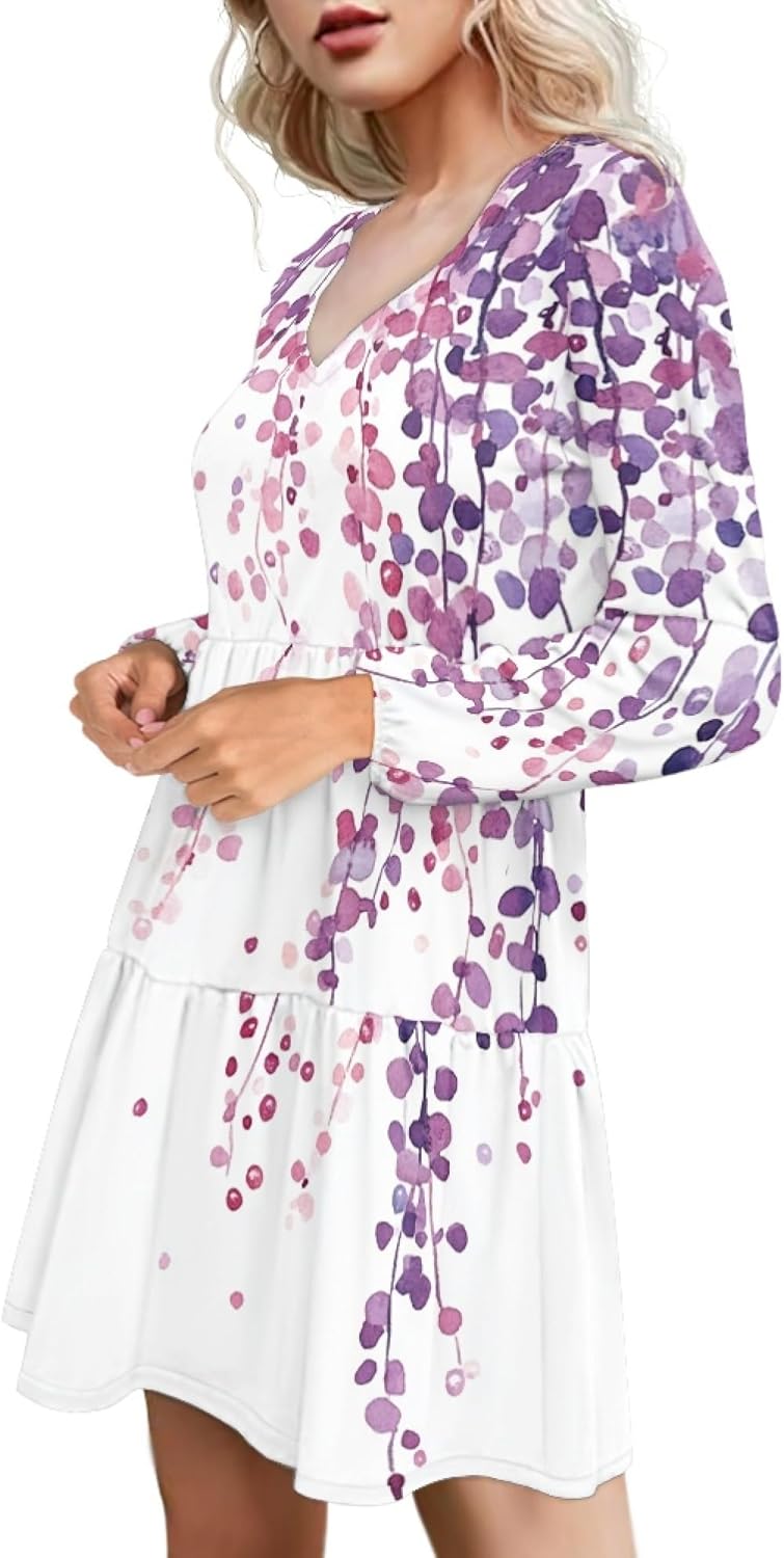 Floral Dress for Women Lantern Sleeve V Neck Plus Size Smocked Swing Flowy Ruffle Fashion Casual Holiday Midi Dress - Image 2