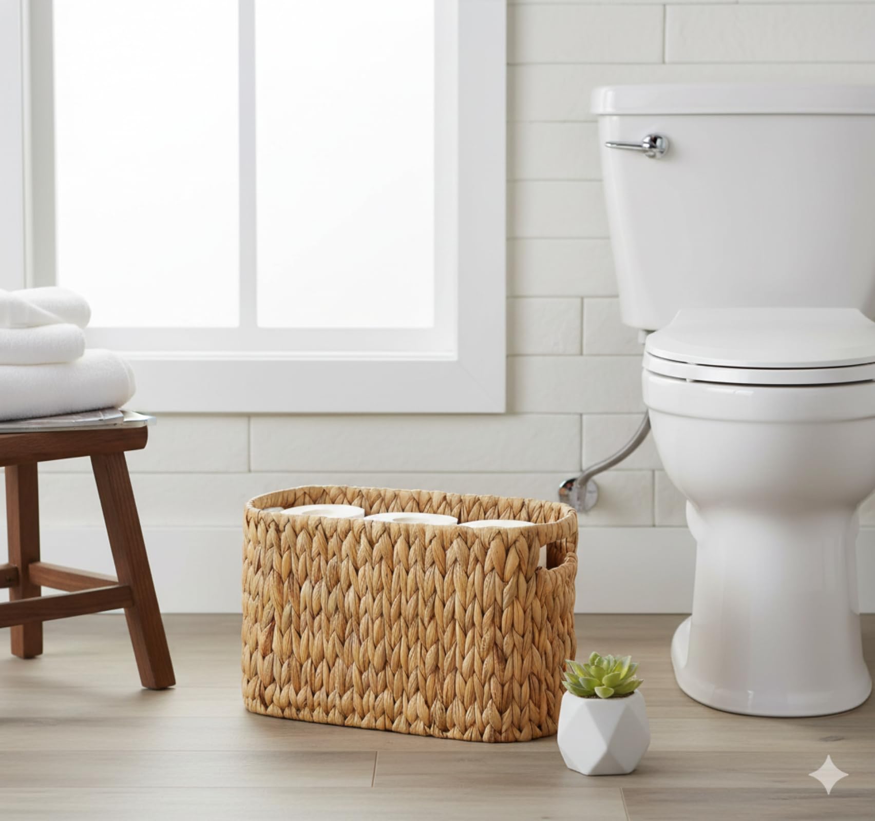 Cestino in giacinto d'acqua per la conservazione di carta igienica, porta rotoli con capacità per 3 rotoli, manici integrati, cestino stabile per bagno e servizi igienici per ospiti