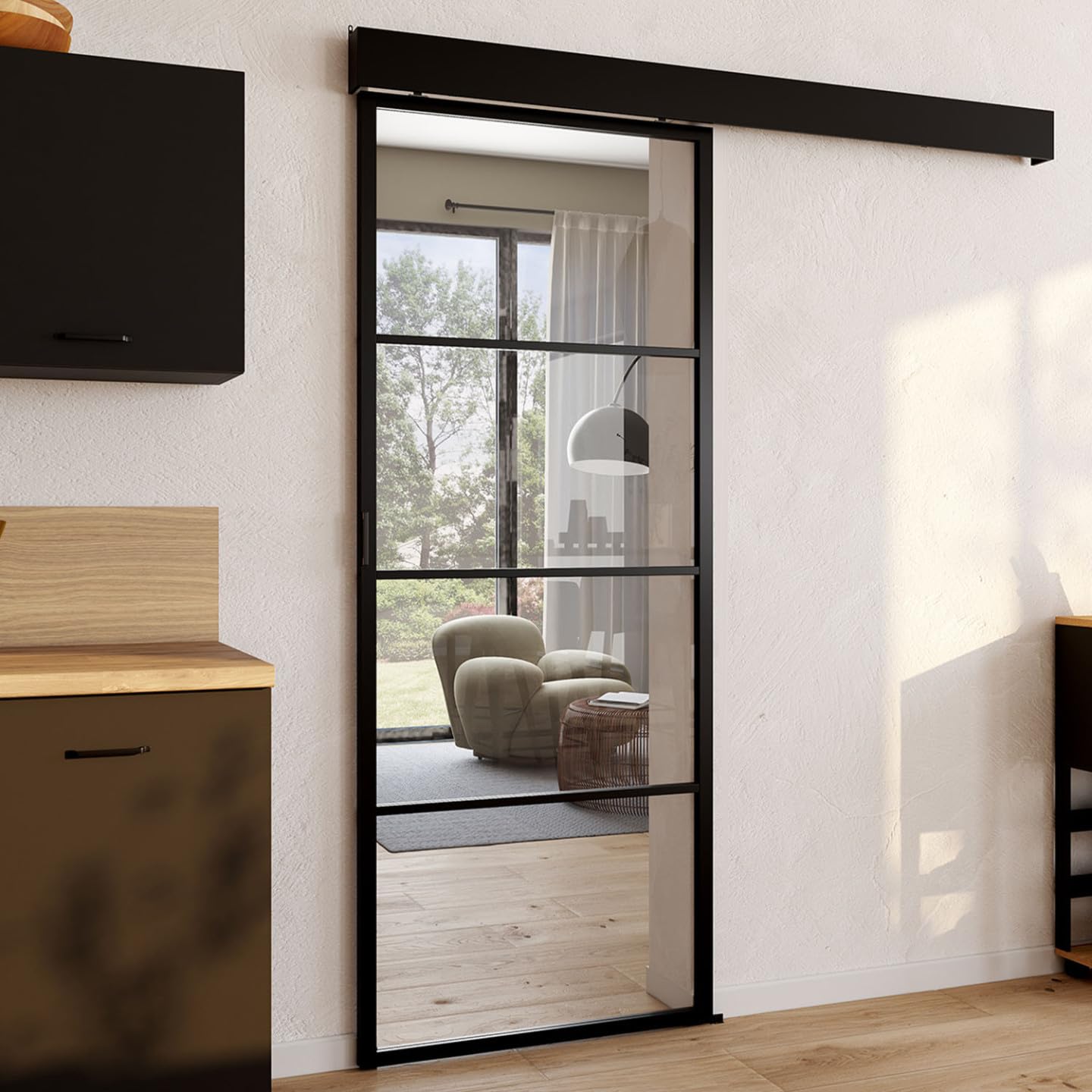 IDMarket - Kit de puerta corredera de cristal templado 83 cm de metal + MDF con riel y fijaciones