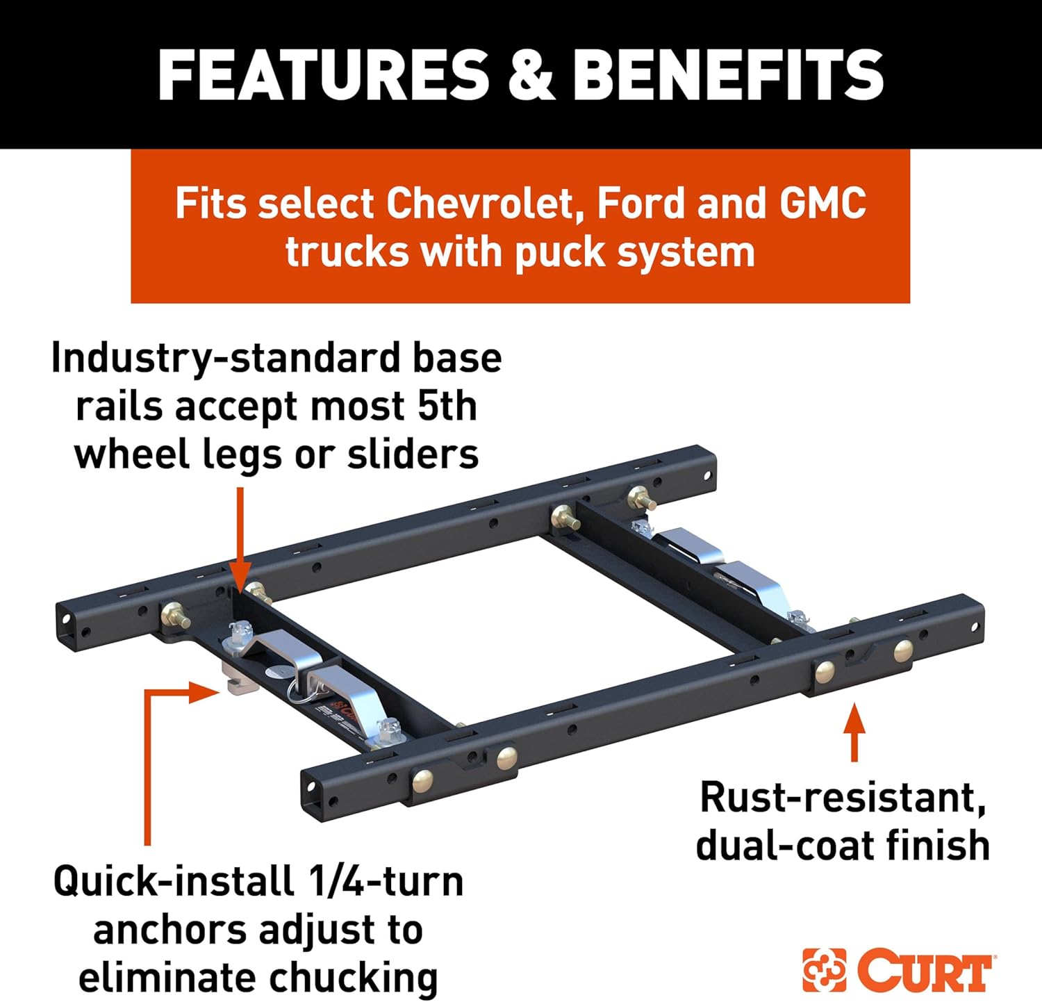 CURT 16027 Replacement Silverado, Sierra 2500, 3500, Ford F250, F350 Puck System 5th Wheel Adapter with Standard Rails, 25,000 lbs