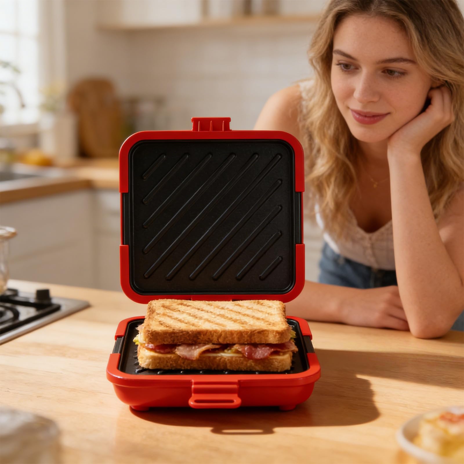 Leikurvo Sandwich Maker e Waffle, Tostapane per Forno a Microonde, Antiaderente, Pannelli Sandwich Senza Fili, Rosso