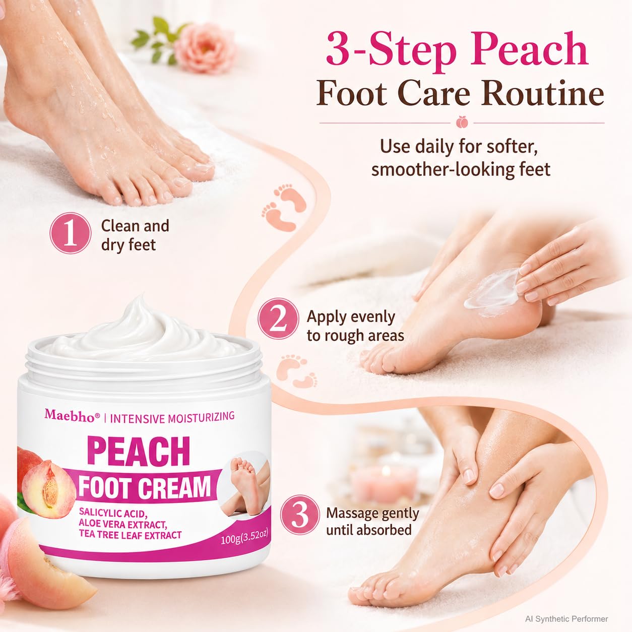 Peach Foot Cream for Dry Rough Feet, Moisturizing Heel Cream with Salicylic Acid, Aloe Vera Extract & Tea Tree Leaf Extract, Hydrating Foot Moisturizer for Soft Smooth-Looking Skin image 4
