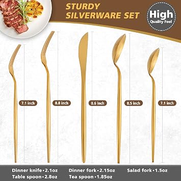 Matte Gold Silverware Set , Oliviola 40-Piece Stainless Steel Flatware Cutlery Set Service for 8, Satin Finish Kitchen Utensil Set, Dishwasher Safe…
