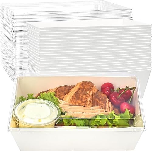 Ocmoiy Cajas de embutidos de papel de 8 x 6 pulgadas con tapas transparentes, paquete de 20 contenedores desechables para llevar de papel para