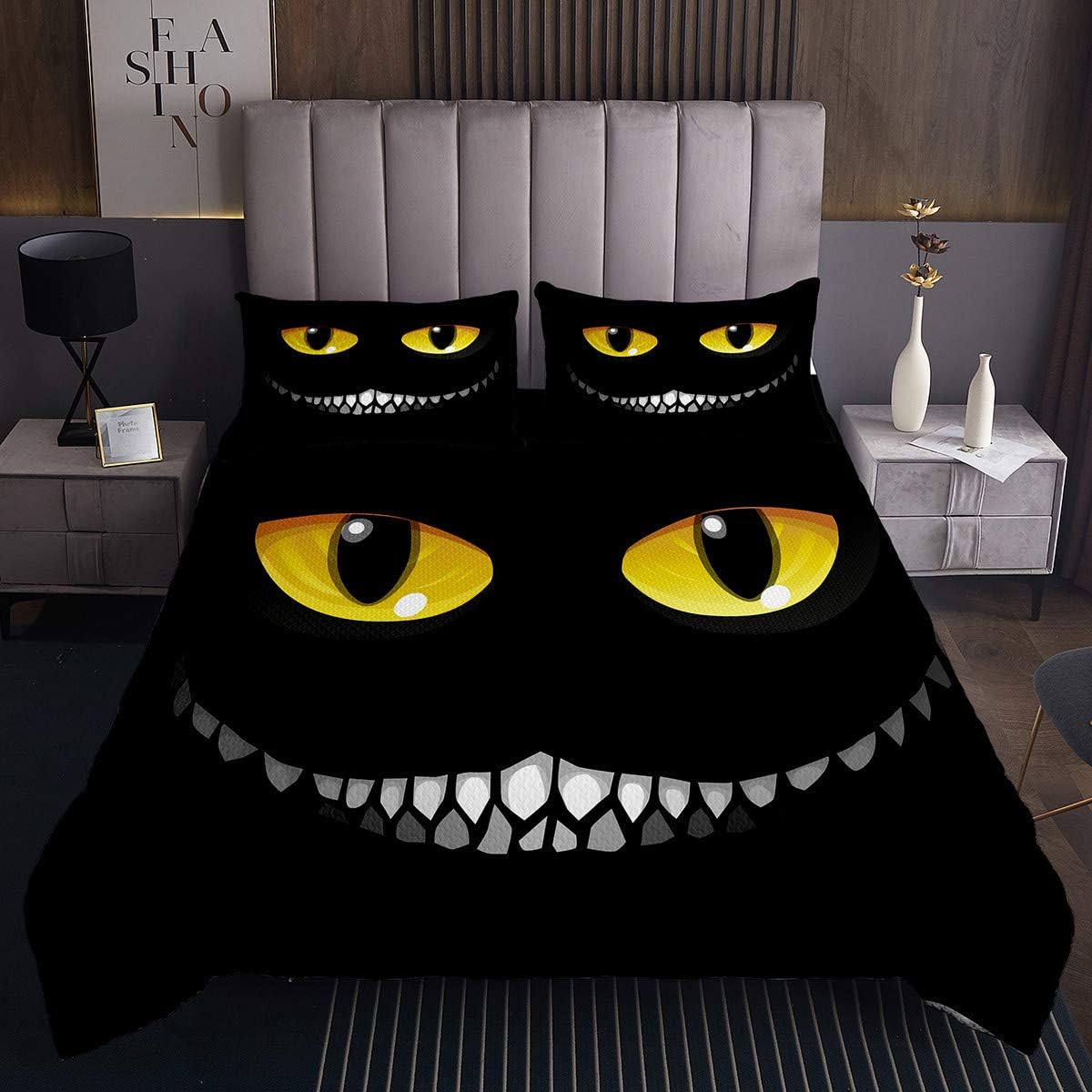 Large Mouth White Tooth Quilted Coverlet Big Yellow Eyes Bedspread Queen Black Soft Microfiber Bedroom Coverlet Sets 3 Pieces(1 Coverlet Set with 2 Pillow Shams)