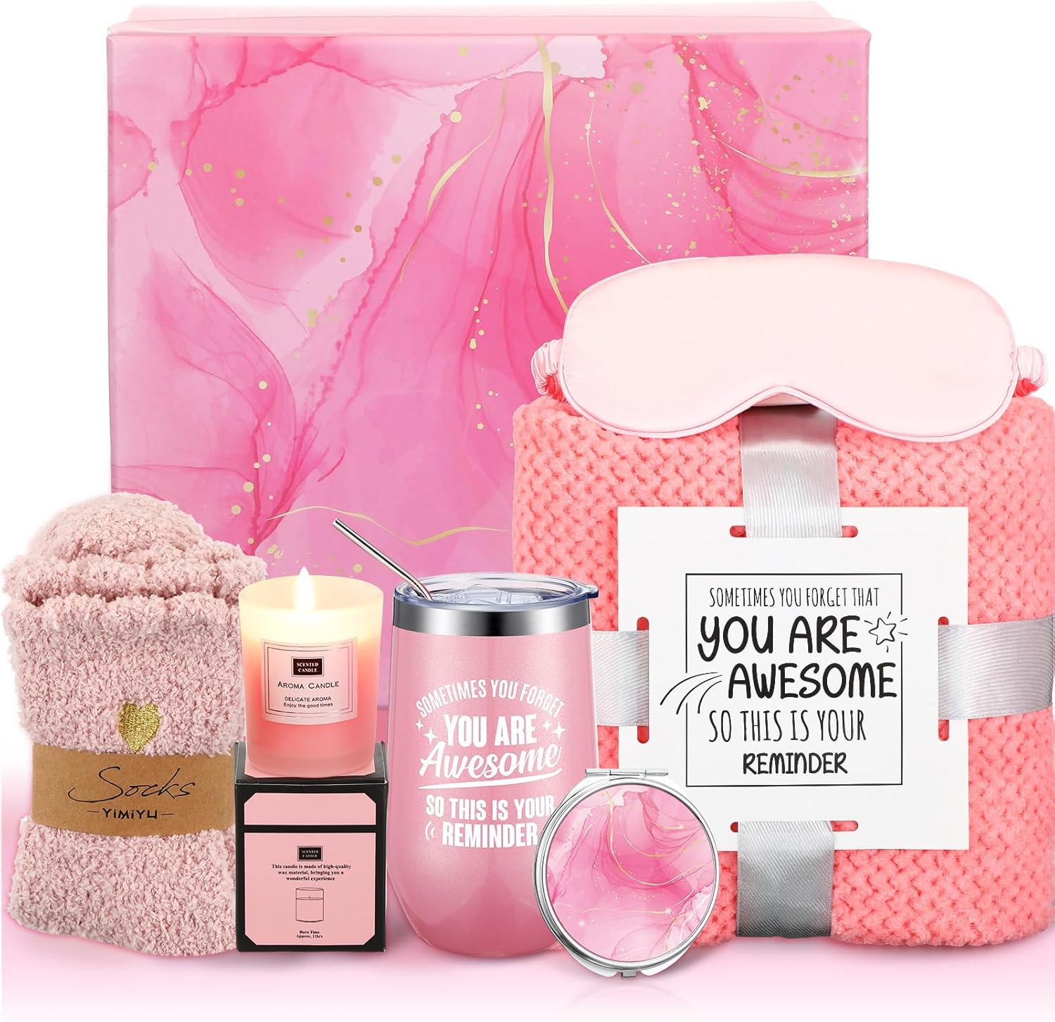 Gift Basket for Women Spa Self Care Package Thank You Gift Birthday Gift Box Appreciation Gift for Women Mom Female Girlfriend Employees Teachers Coworkers(Pink, Reminder) Pink Reminder