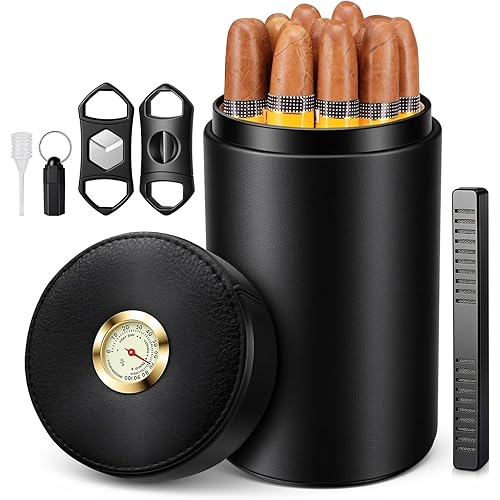 Scotte Cigar humidor case/jar,Leather Cedar Wood Cigar Canister Portable for 12-16 Cigar (Black)