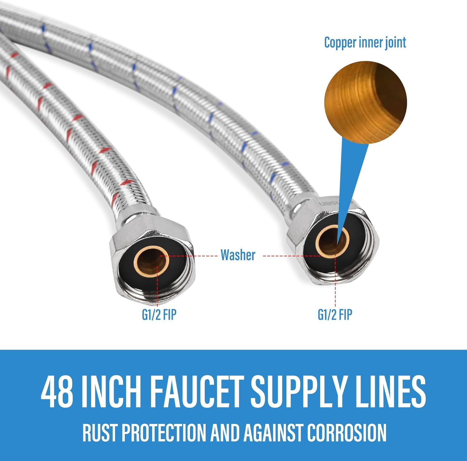 4 Pack 1/2" x 1/2" FIP Flexible Faucet Supply Lines, Bathroom Faucet Hose Connector, 304 Stainless Steel Braided Water Supply Line for Kitchen (12 Inch)